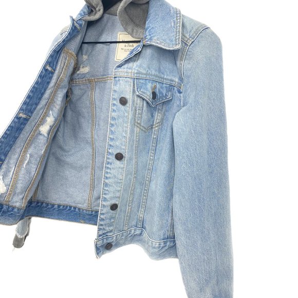 ABERCROMBIE & FITCH NEW YORK Grey Hoodie Distressed Denim Jacket Size S - Picture 6 of 15